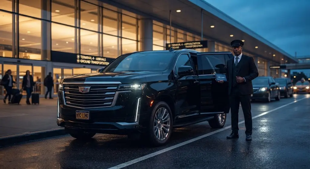 Black car service NYC chauffeur standing beside a luxury sedan