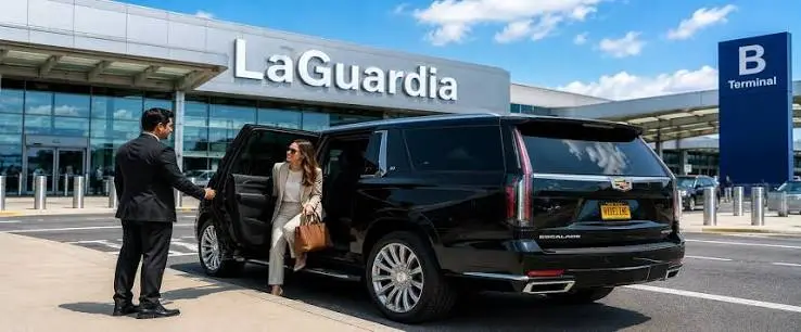LaGuardia airport car service vehicle waiting at a terminal curb