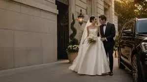 Wedding transportation NYC chauffeur opening the door for the couple
